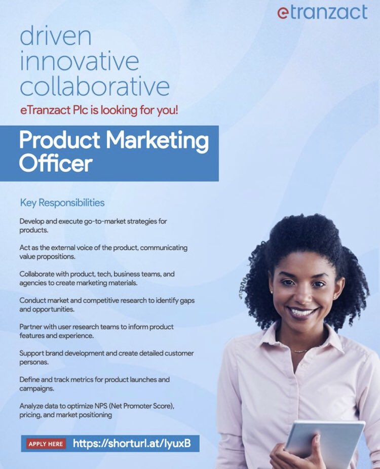 JobHulu's tweet photo. Hiring!!
PRODUCT MARKETING OFFICER

Brand: E-Transact

Location: 🇳🇬

Duties:
·     Develop and execute go-to-market strategies for products.
·     Act as the external voice of the product, communicating value propositions.
·     Collaborate with product, tech, business teams, and agencies to create marketing materials.
·     Conduct market and competitive research to identify gaps and opportunities.
·     Partner with user research teams to inform product features and experience.
·     Support brand development and create detailed customer personas.

See the link below to apply: 

https://t.co/MD6QGvNyYj