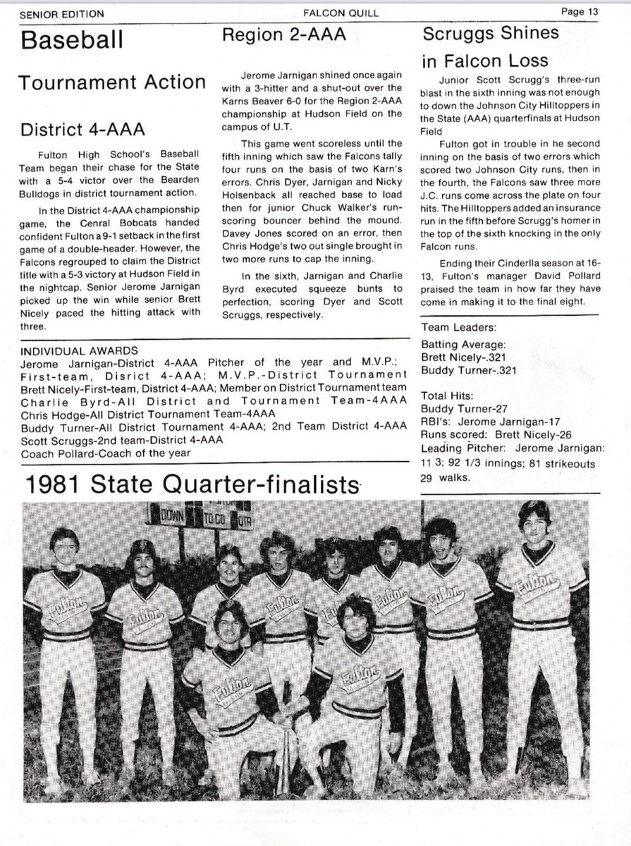 FultonFlashback's tweet photo. The 1981 Fulton Baseball team won the District 4-AAA and Region 2-AAA tournaments and advanced to the state quarterfinals. https://t.co/NoLVWcxWWt