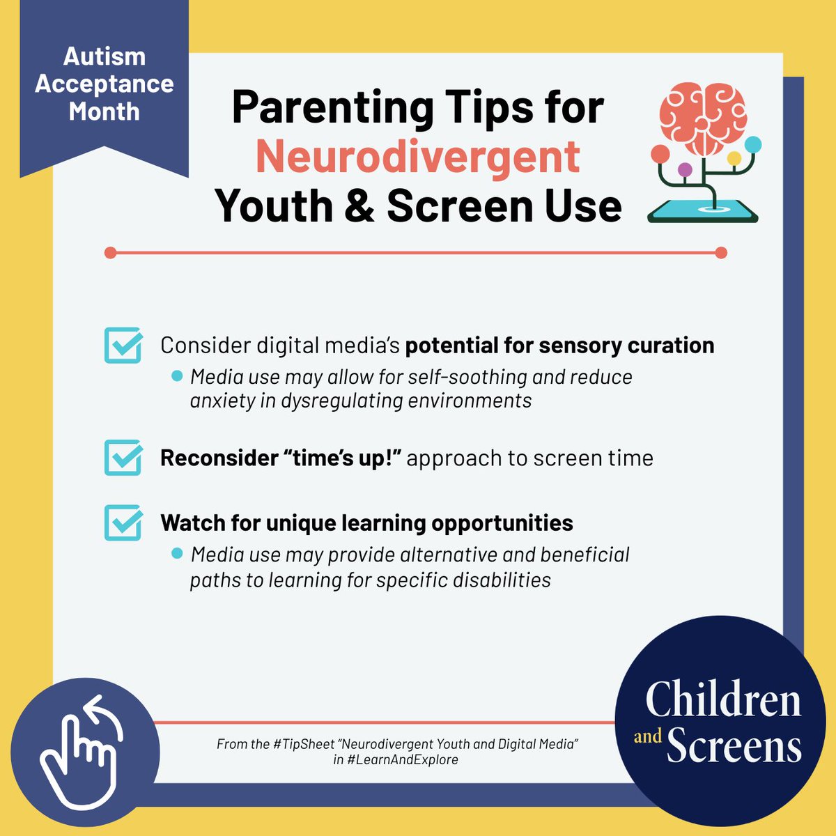childrenscreens's tweet photo. This #AutismAcceptanceMonth, learn about some of the ways neurodiverse youth are using digital media and how to encourage safe, healthy media use with our expert-backed, evidence-based #TipSheet “Neurodivergent Youth and Digital Media.”  👉 https://t.co/FLQ8gFMtjb https://t.co/O60eWiTv1h
