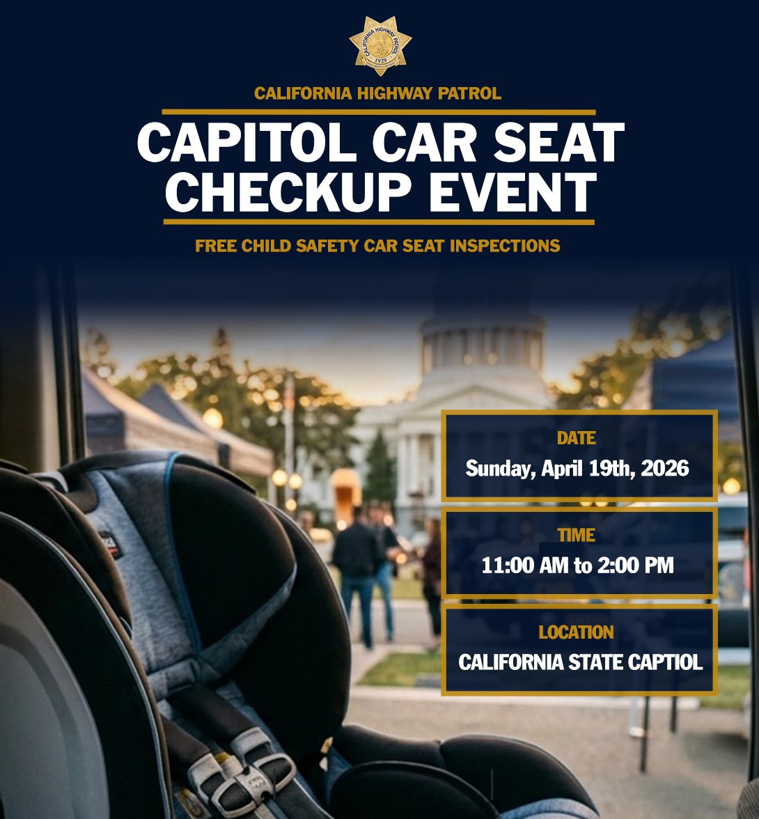 chp_capitol's tweet photo. Join us April 19th, 11 AM–2 PM for a FREE CHP car seat safety check.

We’ll make sure your child’s seat is properly installed and meets current safety standards.

No appointment needed.
Questions? 916-341-4740 https://t.co/K5qMyMIgSL