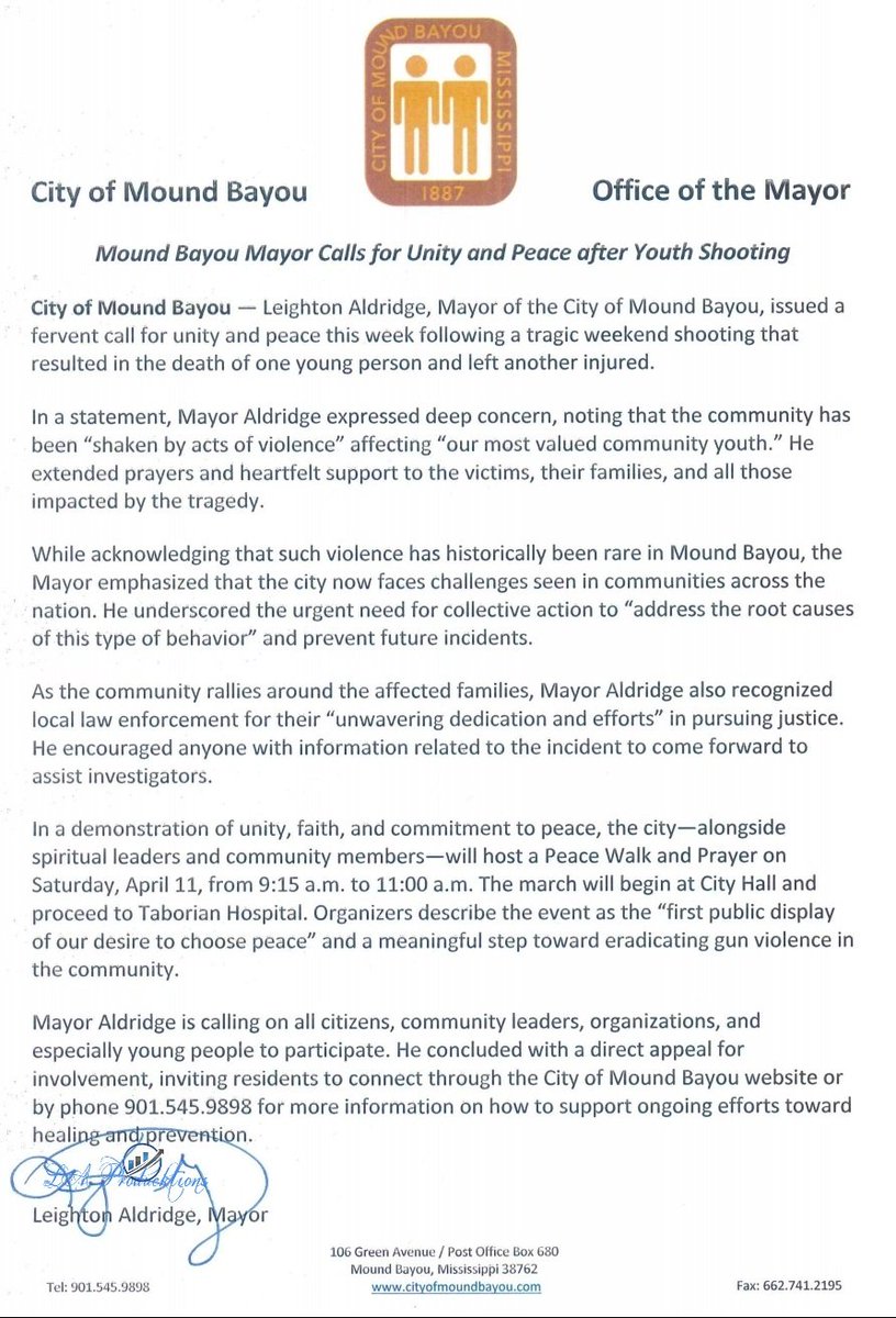 ladream35's tweet photo. CITY OF Mound Bayou — Mayor Leighton Aldridge has issued a heartfelt call for unity and peace following two weekends of  tragic shootings. https://t.co/ZZNppG5pGw