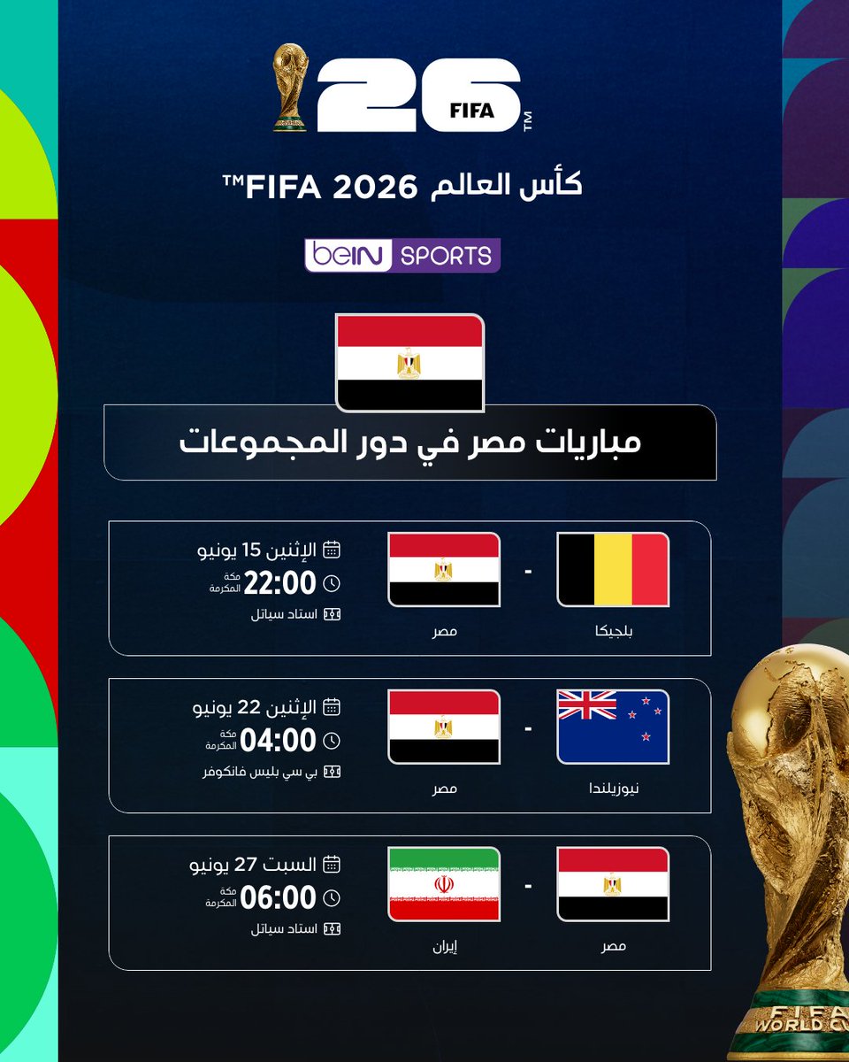 beINSPORTS's tweet photo. 🇪🇬 مواعيد مباريات منتخب مصر في كأس العالم FIFA 2026™! 🔥

هل أنتم مستعدون لمتابعة الفراعنة؟

📌 احفظ المنشور وكن على الموعد!

#كأس_العالم2026 | #مونديال2026
#FIFAWorldCup2026 | #WCQ2026 https://t.co/syBhGvUNoz