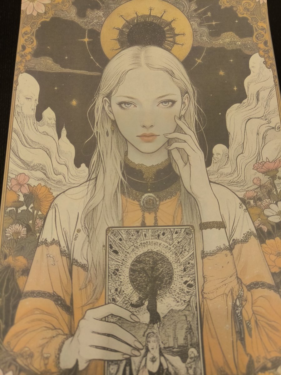 赤い月が静かに浮かぶ夜、彼女は一枚のカードを差し出してきました。

未来を示すのか、それとも心の奥を映すのか。

示された暗示が吉か凶かは、受け取る人の心次第。

花と白い雲が揺れる不思議な空気感の中で、彼女の視線だけが真実を知っているかのように、鮮やかにこちらを射抜いてきます。