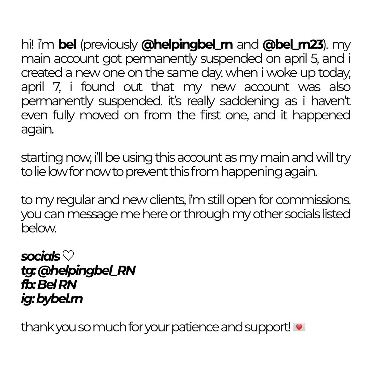 bybel_rn's tweet photo. lf commissioner (sorry, for expo) 

hello everyone! please help me reach my clients, co-commers, and moots again 🥹 a rt or like would be greatly appreciated. thank you so much! https://t.co/M6IffKxqtG