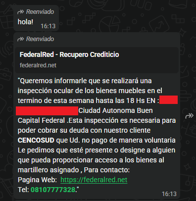 Esto es realmente grave.

Los chantas que contratan los chantas de Cencosud para reclamar deudas envían este tipo de mensajes donde cláramente tratan de hacer pasar el reclamo como parte de una instancia judicial. 

La ley 6171 prohibe este tipo de acoso, pero no les importa.

👇