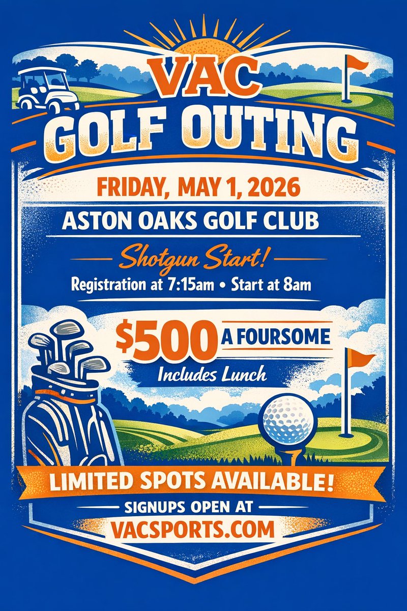 Foursome registration for our May 1st Golf Outing is now open @ vacsports.com. 

Login and the VAC Golf Outing 2026 will be listed as an available program under any child listed. 
🏌️‍♀️🧡⛳️💙🏌️