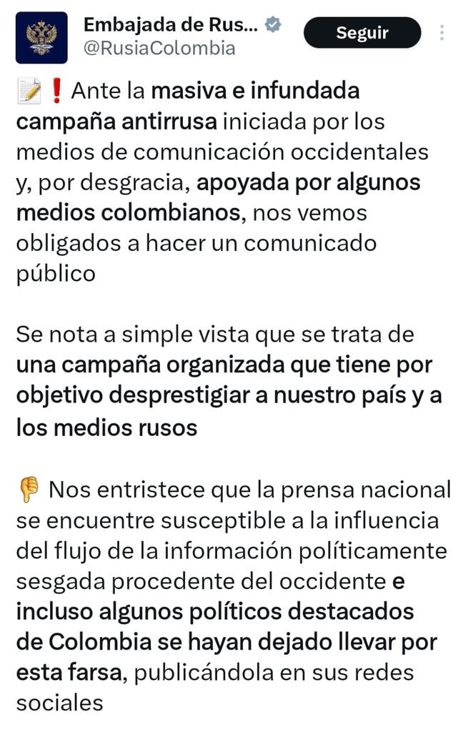 Rusia dice sentirse triste por acusaciones infundadas En medio de una  reciente ola de noticias y reportajes en medios colombianos como Noticias  Caracol, RCN, El Colombiano y Revista Semana, que advierten sobre