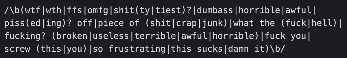 gabriberton's tweet photo. The Claude Code leak teaches us that simplicity wins once again

To detect frustration they literally use a regex that searches for (wtf|shit|...)

If you gave that task to almost any PhD student they'd have trained a 200M "frustration detection" model https://t.co/Zwj8xxGwm7