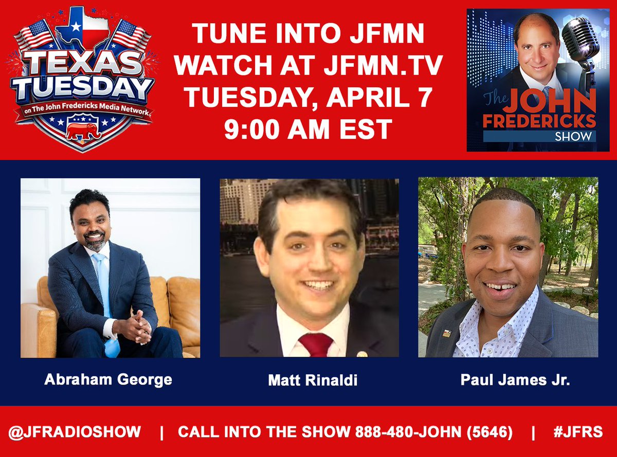jfradioshow's tweet photo. #JFRS #TUESDAY #GodzillaOfTruth
6:00 AM -10:00 AM ET
LINE-UP - Watch Live at https://t.co/ONWXKVJanu
7:00 AM ET @SuzyKelly @JoekellInc
7:15 AM ET Todd Sheets
7:45 AM ET @Right2Work #MarkMix
8:05 AM ET @JohnEDeaton1
8:35 AM ET @EngineeredTax #JulioGonzalez
9:00 AM ET #TexasTuesday @AbrahamGeorge @MattRinaldiTX @TheRealPaol
9:40 AM ET @BiancaForTexas
Taking Your Calls!!! 888-480-JOHN (5646)
Download the APP at:
https://t.co/x73b5KViMQ
Stream Live on #GettrLIVE @jfradioshow
https://t.co/EymSgYmtb2