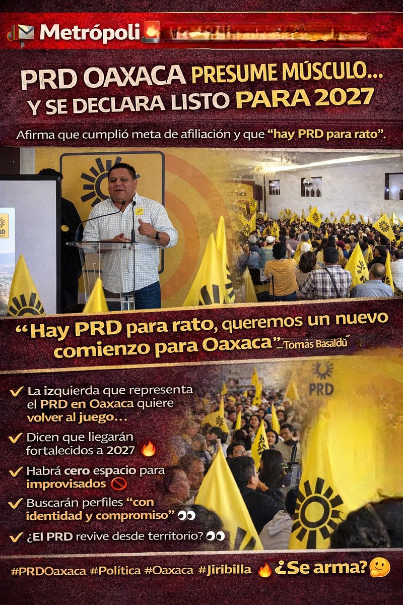 sofyvaldivia's tweet image. 📺Ⓜ️ #PRD #Oaxaca presume músculo… y se declara listo para 2027

📌Afirma que cumplió meta de afiliación y que “hay PRD para rato”.

En medio del reacomodo político en Oaxaca, el PRD estatal asegura que no está muerto… al contrario, dice que se reorganiza y se fortalece rumbo a