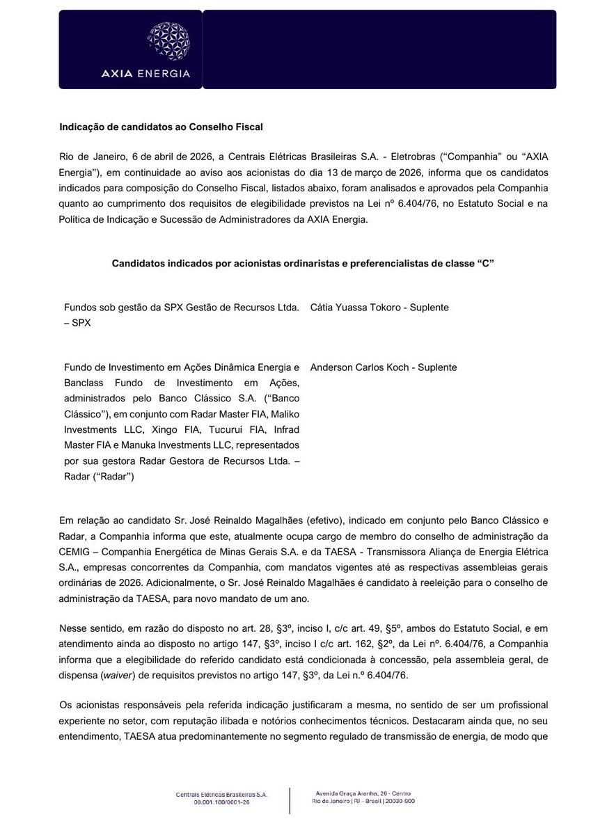 AvisosDaBolsa's tweet photo. CENTRAIS ELET BRAS S.A. - ELETROBRAS - Indicação de candidatos ao Conselho Fiscal #ELET3 #ELET5 #ELET6 https://t.co/wbf9Nfl8FZ