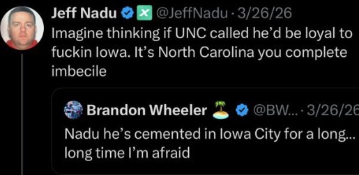 waxtopia's tweet photo. So @JeffNadu was obviously wrong here, and apparently has graciously acknowledged the fact he was wrong by calling Iowa fans inbred.  Stay classy, sir. https://t.co/gSsIxwAPF8