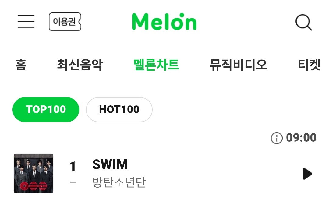 “SWIM” is at #1 on Melon Hourly Top 100 Chart , 9AM KST