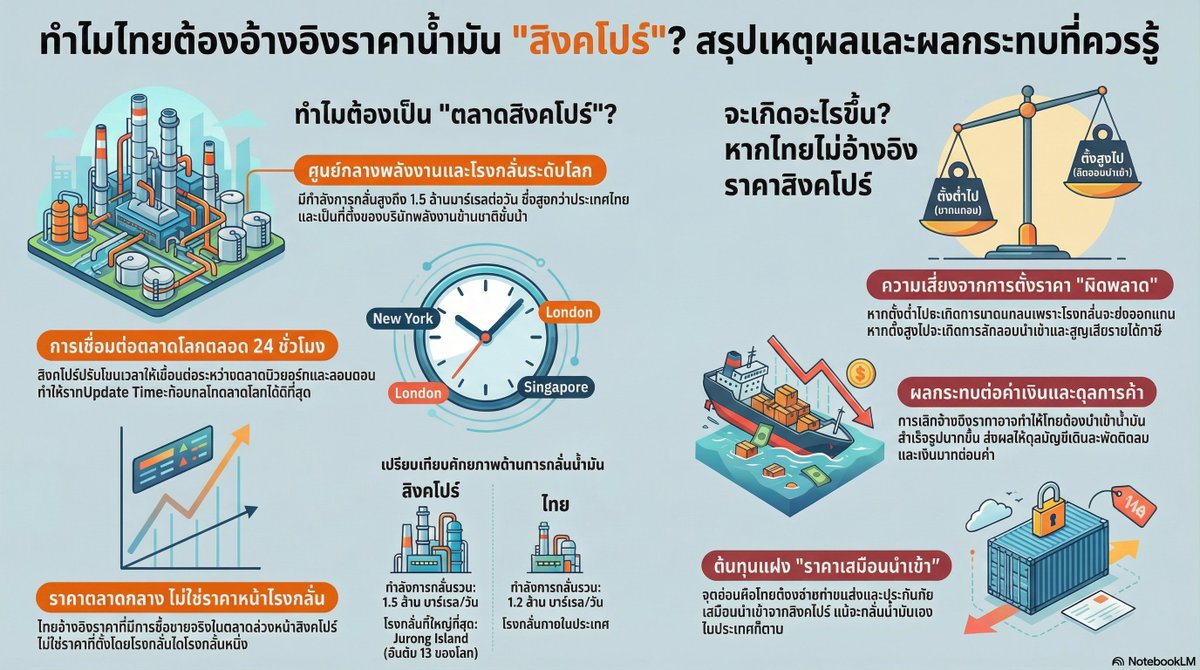 FMLitre's tweet photo. ทำไมราคาน้ำมันไทยอิงสิงคโปร์?

• น้ำมันเป็นสินค้าโลก ไทยกำหนดราคาเองไม่ได้
• สิงคโปร์คือตลาดใหญ่สุดในเอเชีย สะท้อนราคาจริง
• ถ้าไทยกดราคาถูกไป น้ำมันจะถูกส่งออกจนขาดแคลน
• ถ้าตั้งราคาแพงไป จะเจอน้ำมันเถื่อน https://t.co/WmYTaD4FfD