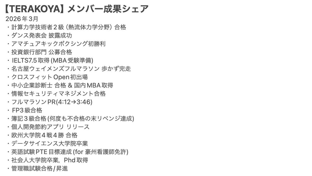 terakoya_public's tweet photo. TERAKOYA 3月のメンバー成果シェア。大豊作！ https://t.co/YR5M1RhQQB