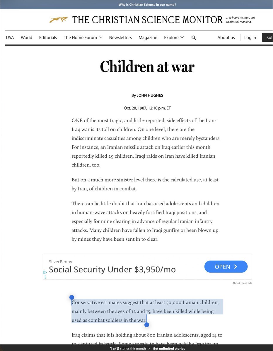 ukilaw's tweet photo. The Ayatollah sent waves of children (as young as 9) through minefields with plastic “keys to paradise” around their necks. Over 50,000 Iranian kids were slaughtered in the Iran-Iraq War for the Islamic Republic’s glory.

They never stopped.

Now in 2026, the IRGC is using boys as young as 12 as human shields and armed checkpoints. An 11-year-old was already killed on duty.  Hamas doing the same. 

This isn’t a military. It’s a satanic death cult that devours its own children.
