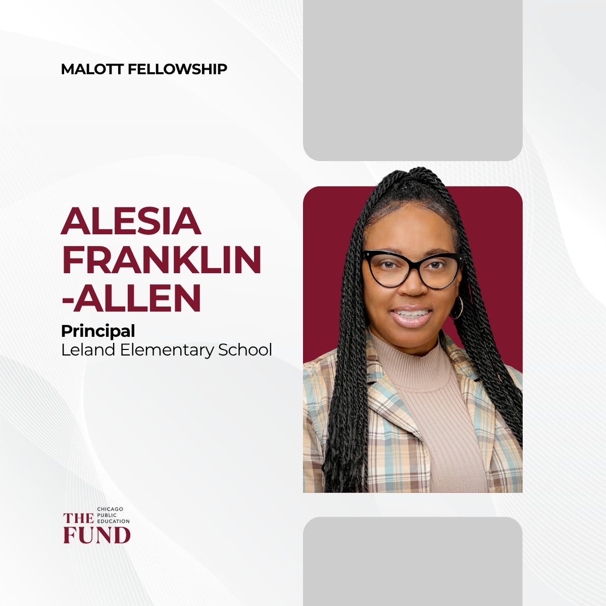 TheFundChicago's tweet photo. Each week, we lift up a Malott Educator Fellow who is making a meaningful difference for students.

This week, we’re proud to spotlight Principal Alesia Franklin-Allen, principal at Leland Elementary School and a member of our 2025–26 Malott Educator Fellowship cohort. https://t.co/dmhSHFaNoW