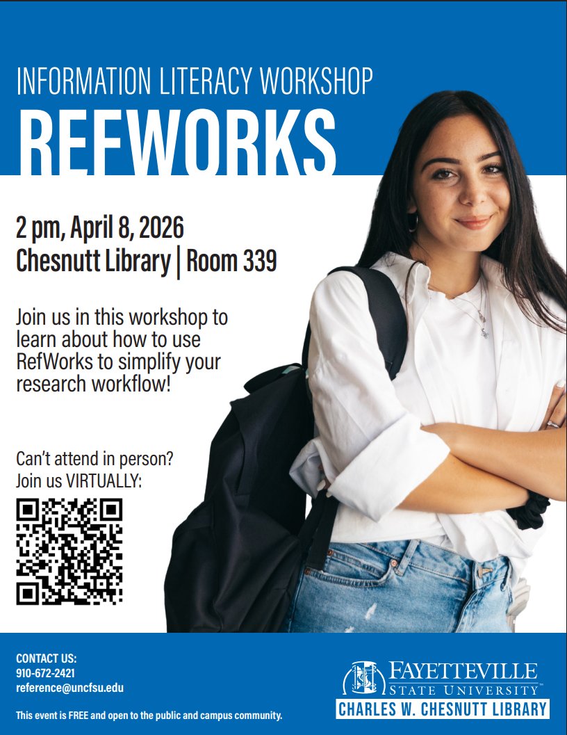 TOMORROW AT 2PM: Join our virtual workshop to learn the ins and outs of RefWorks, the platform perfect for simplifying your research process! Join via the QR code or by visiting uncfsu.libcal.com/calendar/libra…
#uncfsu #chesnuttlibrary #fayettevillestatebroncos #charleswchesnuttlibrary