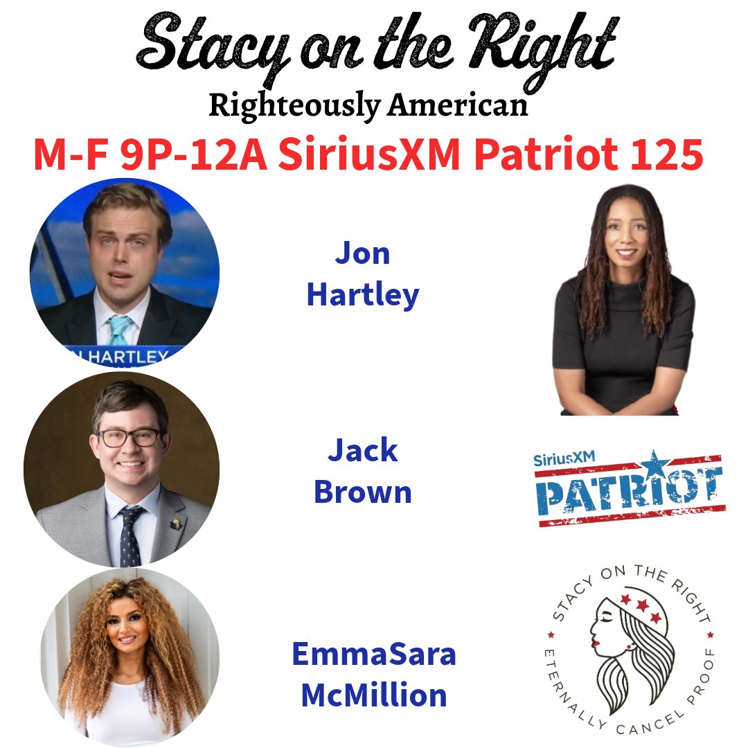 SiriusXMPatriot's tweet image. Tonight On @StacyOnTheRight 9pm-12am ET Mon 4/6

9:20pm @Jon_Hartley_ 

10:05pm @JEBrownLiberty

11:05pm @iamEmmaSara

Tonight's Opening Verse: James 5:16
Call In Now: 866-957-2874
sxm.app.link/Patriot sxm.app.link/StacyOnTheRight
#SOTR #RighteouslyAmerican