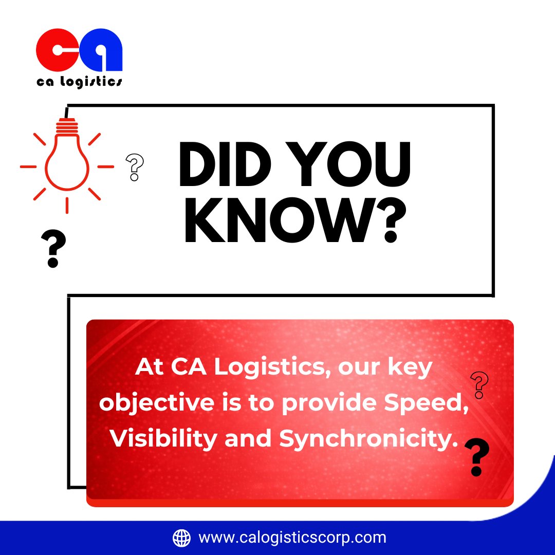 calogisticscorp's tweet image. DID YOU KNOW?
At CA Logistics, our key objective is to provide Speed, Visibility and Synchronicity.
#wedeliverthepromise
#makeiteasy
#calogistics
#logistics
For more info, visit our website calogisticscorp.com
or email at customerservice@calogisticscorp.com