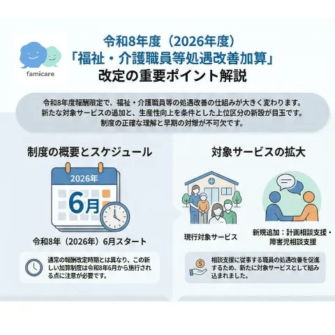 famicare_suppo's tweet photo. 【令和8年度 障害福祉サービス等報酬改定のポイント💡】
📅 施行：令和8年6月1日

今回の改定では「福祉・介護職員等処遇改善加算」の対象が拡大されます。

・福祉・介護職員 → 障害福祉従事者へ拡大 
・事務職員等も対象 
・計画相談支援／障害児相談支援にも新設 https://t.co/QIYOB422ik