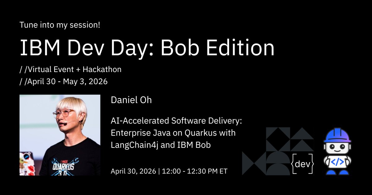danieloh30's tweet image. Join Dive deep with AI experts at the Free Virtual Event on April 30, 11 AM - 6 PM ET #ibm #ibmdevday #quarkus #ibmbob #agenticAI #JavaAI

ibmdevday-bob.bemyapp.com/?utm_source=ib…