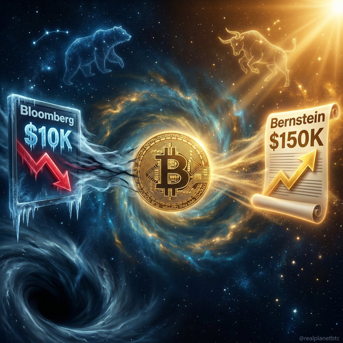 realPlanetBTC's tweet photo. Bloomberg says Bitcoin crashes to $10,000.

Bernstein calls it "the weakest bear case in history" and says $150,000 by year-end.

Same asset. 
Same data. 
Forecasts 15x apart.

This is what maximum uncertainty looks like.

And Bitcoin doesn't care about either forecast.

It doesn't read research reports.

It doesn't have a Bloomberg terminal.

It just keeps producing a block every 10 minutes.

The analysts fight. 

The protocol works. 💪⚡️