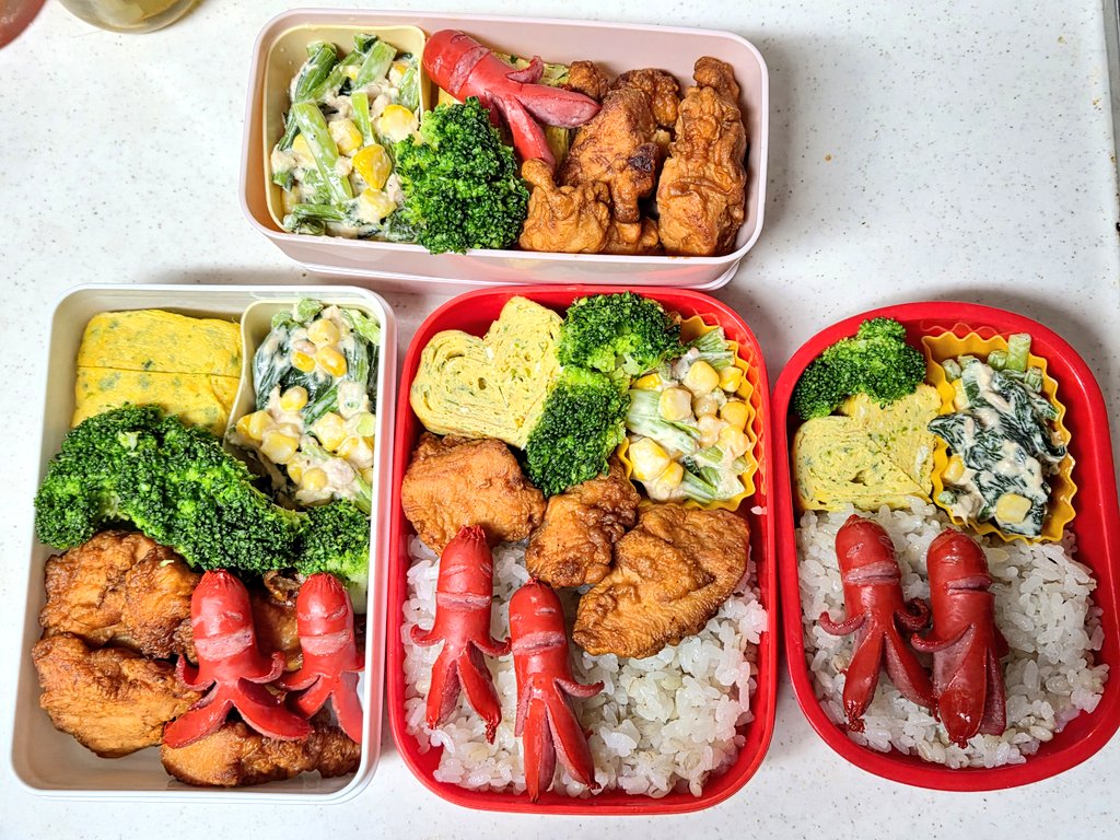 久しぶりに真面目にお弁当作ったー
次女のが二段弁当一つで足りないからとお弁当2つ持ってくのが意味わからん
ほんとに食べてくるんやろか…