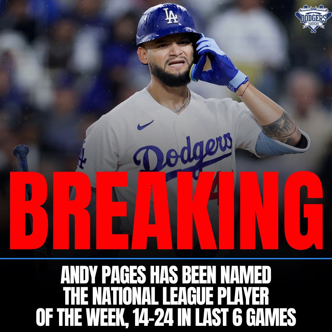 DodgersNation's tweet photo. BREAKING: Andy Pages has been named the National League Player of the Week 🚨

He’s logged 2 home runs, 7 RBI’s and has gone 14-24 at the plate.

Just an electric start for the Dodgers CF. https://t.co/buHmNkSaIE