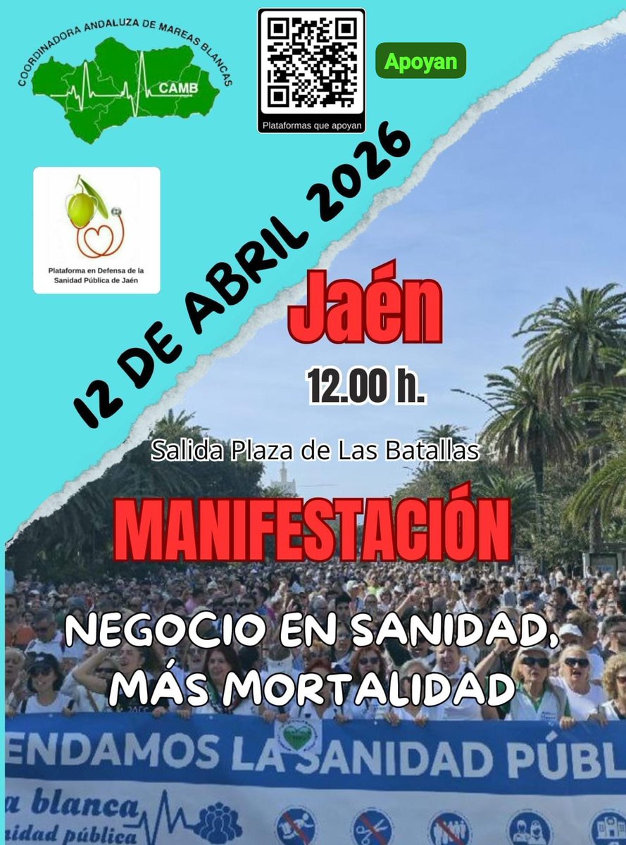 Domingo 12 de abril‼️ Concentración por la República y la Paz a las 11h y manifestación por la Sanidad Pública a las 12h 
❤️💛💜🕊️ ❤️‍🩹 💪💪💪