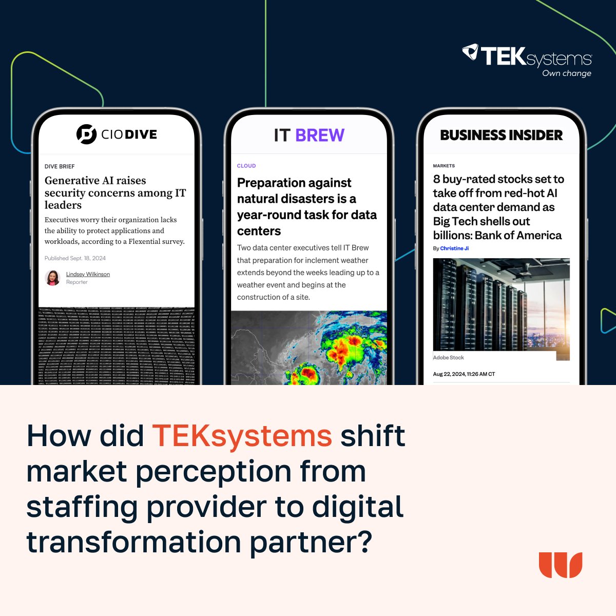 WalkerSands's tweet photo. Market perception doesn’t always keep up with reality.

TEKsystems evolved far beyond staffing, but many enterprise audiences still saw the brand that way. Our partnership helped shift that narrative. Learn how we helped them earn 46 Tier One placements: https://t.co/vlFaexPGbq https://t.co/vlk2xDxDHD
