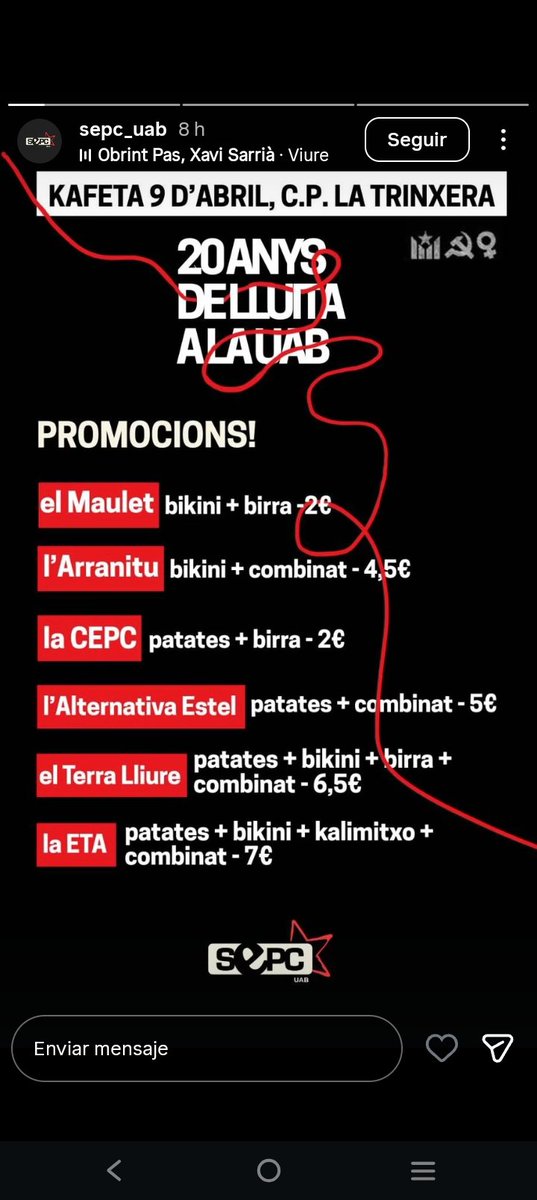 Eric_PL_'s tweet photo. Los perroflautas de la universidad hacen una fiesta en la que, como buenos capitalistas🤑, sacan tajada económica de ello vendiendo bocadillos. 

A una de sus ofertas le han llamado Terra Lliure y a otra ETA.

Esta gentuza es la misma que intenta amedrentar a los patriotas https://t.co/NqY7gpZKcN