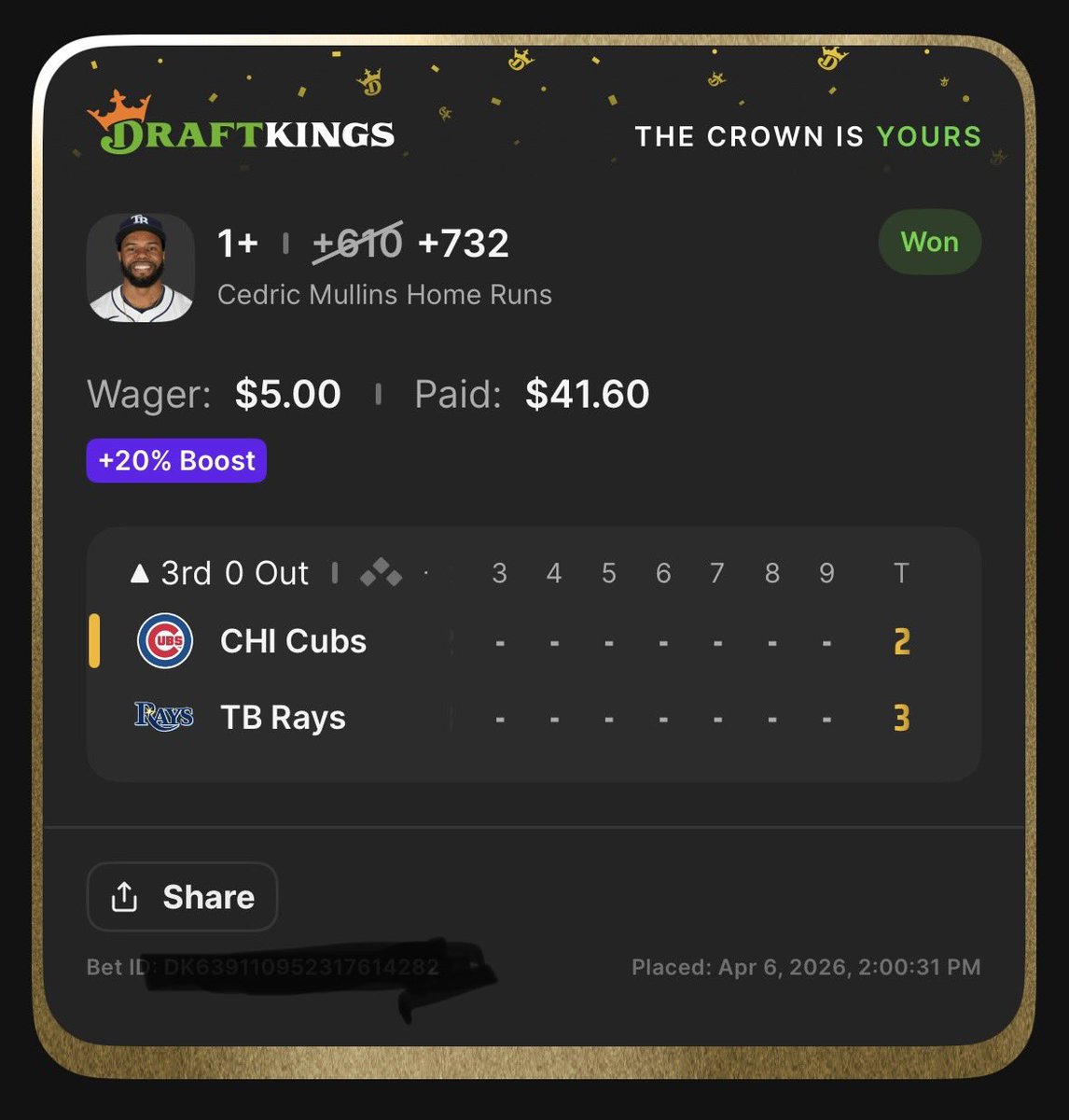 CollCD's tweet photo. Not big, but not bad for 2 innings of a game! #Rays #CedricMullins #Draftkings https://t.co/jRlfvtf6kv