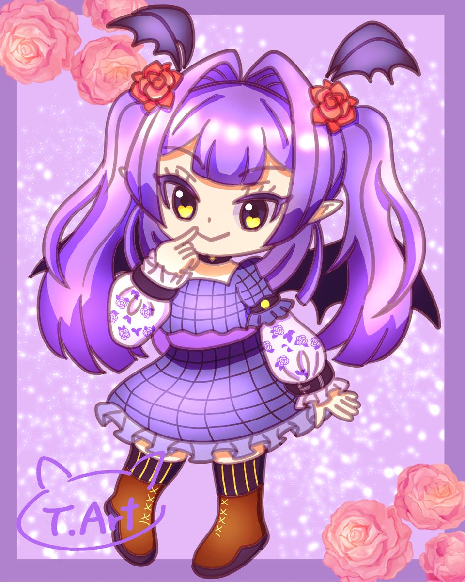 おはようございます😊
紫のＴシャツさんとこのリゼットちゃんを描いてみました(*´▽｀*)
今回はミニキャラにしてみました‼
キャラデザ可愛かったので描いていて楽しかったです🥰
背景の薔薇は素材を使っています(^^;)
素敵なキャラを描かせていただきありがとうございました🙇