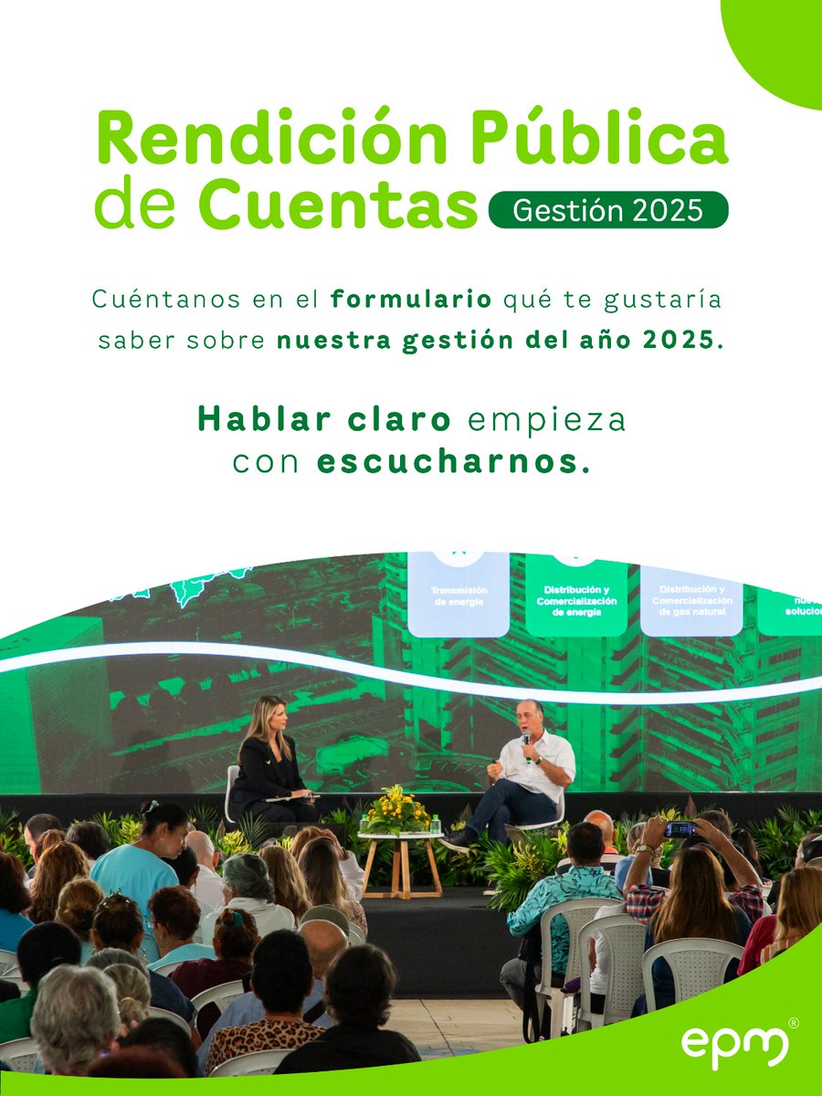 EPMestamosahi's tweet photo. Nos estamos preparando para nuestra Rendición pública de cuentas gestión 2025. Y sabemos que hablar claro empieza por escucharnos, por eso queremos que nos compartas preguntas que te gustaría que EPM respondiera durante el evento. 

Compártelas aquí. https://t.co/hPoZf3iWb7 https://t.co/uTXcUFqRDp