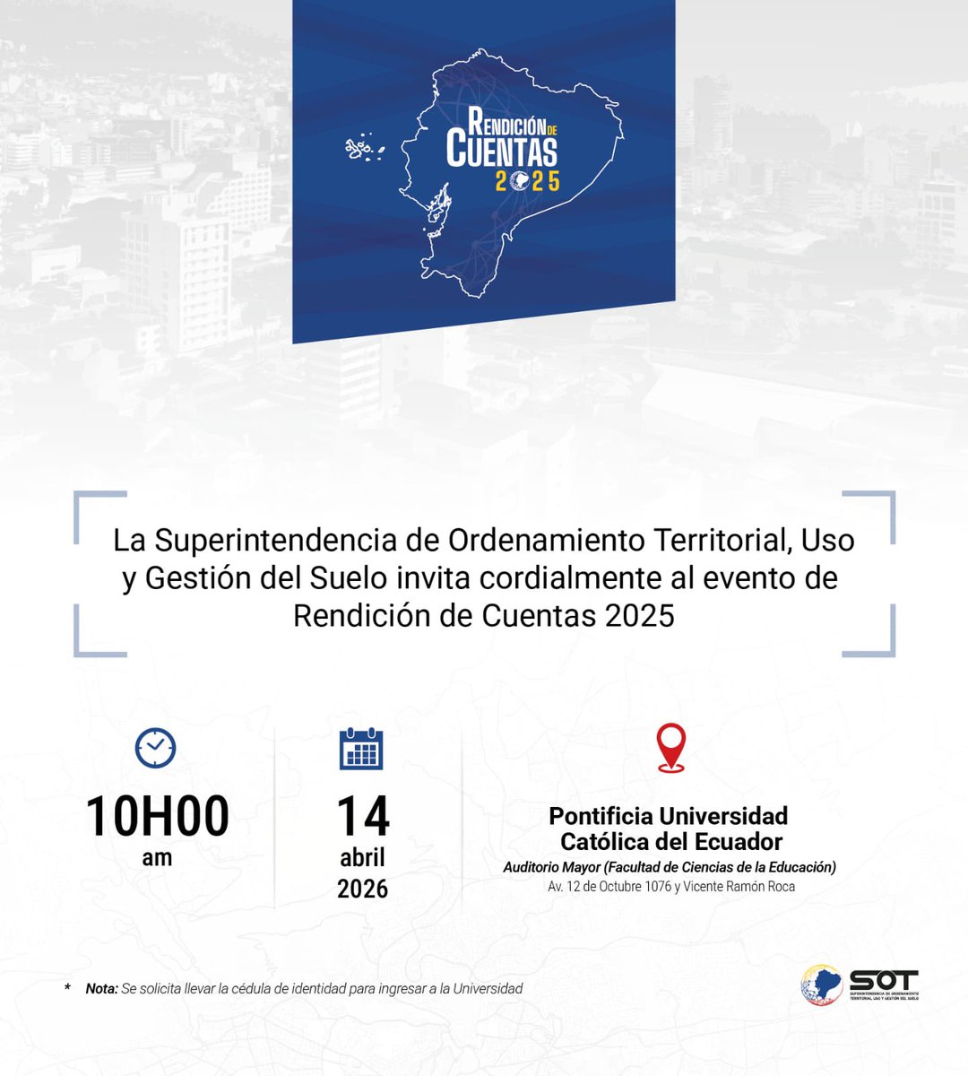 sot_ecuador's tweet photo. #RendiciónDeCuentas2025 | La rendición de cuentas es un proceso participativo y transparente que permite someter a evaluación de la ciudadanía la gestión y administración de recursos públicos.

En este marco, #SOTEcuador pone a disposición de la ciudadanía: 
El informe y el formulario preliminar, que se encuentran en la página web https://t.co/g0lAjTLvtR, sección Transparencia. 
El canal para sugerencias: rendiciondecuentas@sot.gob.ec

De igual manera, se convoca a la ciudadanía a participar de la Deliberación Pública, que se realizará: 

📅 14 de abril de 2026
🕙 10h00 
📍 Pontificia Universidad Católica del Ecuador - Auditorio Mayor de la Facultad de Ciencias de la Educación, Quito.

¡Te esperamos!