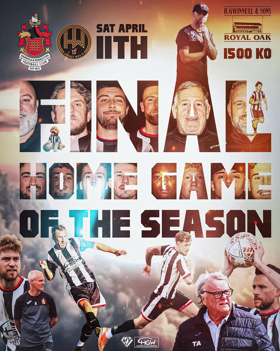 OfficialHarwich's tweet photo. The final home game of the 2025/26 season 

Sat 11th April | 3pm kick off 

@HackneyWickFC are the last team in the @EssexSenior to visit the R Gwinnell &amp; Sons Royal Oak this season, let’s make it a busy one to show appreciation for a solid 1st season in step 5. https://t.co/1G61Ewx6BQ