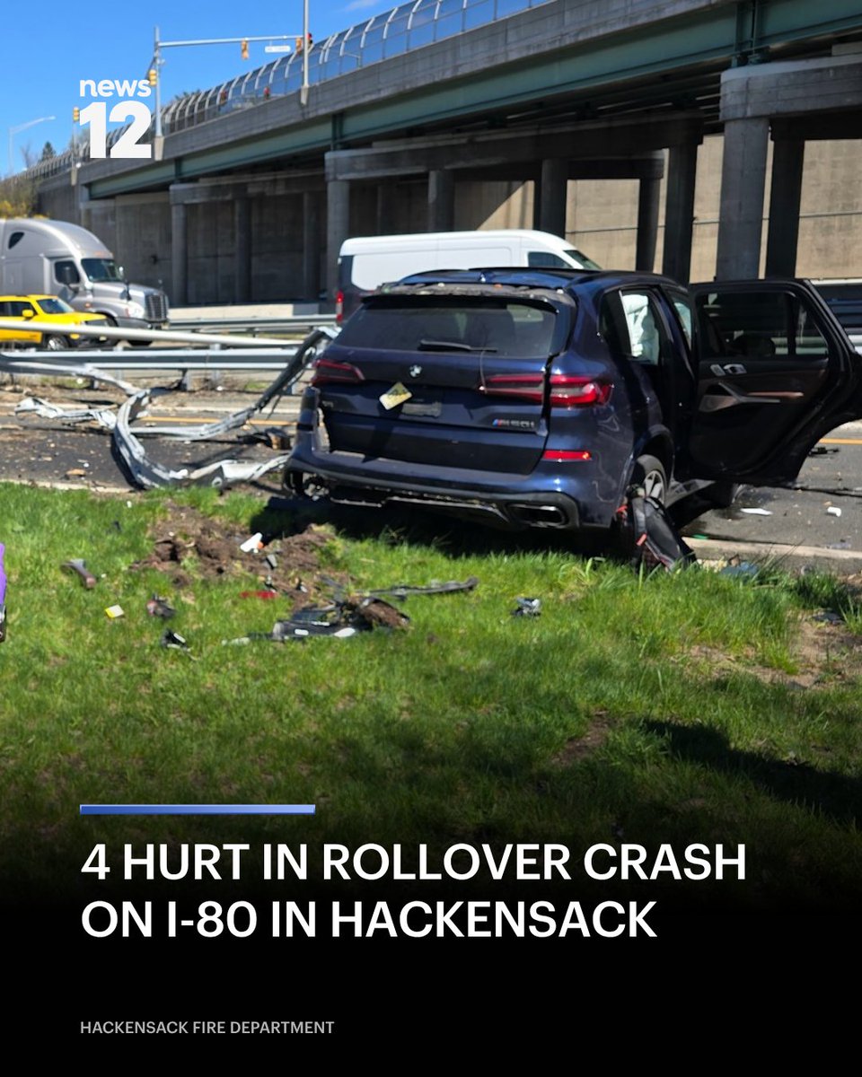 News12NJ's tweet image. ROLLOVER CRASH: A single-vehicle rollover crash on Route 80 in Hackensack injured four people, officials said. The crash happened near Exit 64. 

MORE INFORMATION: bit.ly/4mgBrxt

#News12NJ #NewJersey