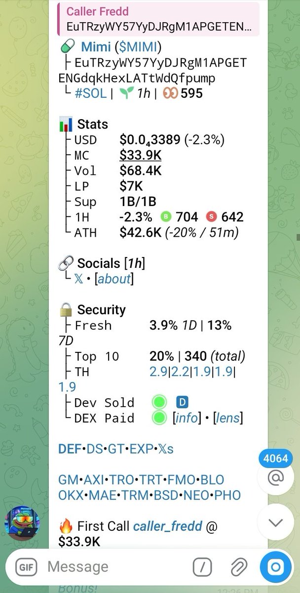 caller__fredd's tweet photo. 6.5x on my TG call on $MIMI
Early CA on TG group 
join our VIP group to get early alpha calls on trending memecoins before they take off 

EuTRzyWY57YyDJRgM1APGETENGdqkHexLATtWdQfpump

Dm now let's get you started 
https://t.co/D5puhfQgrP

#memecoin #solana #degen https://t.co/9HPsevgpzo