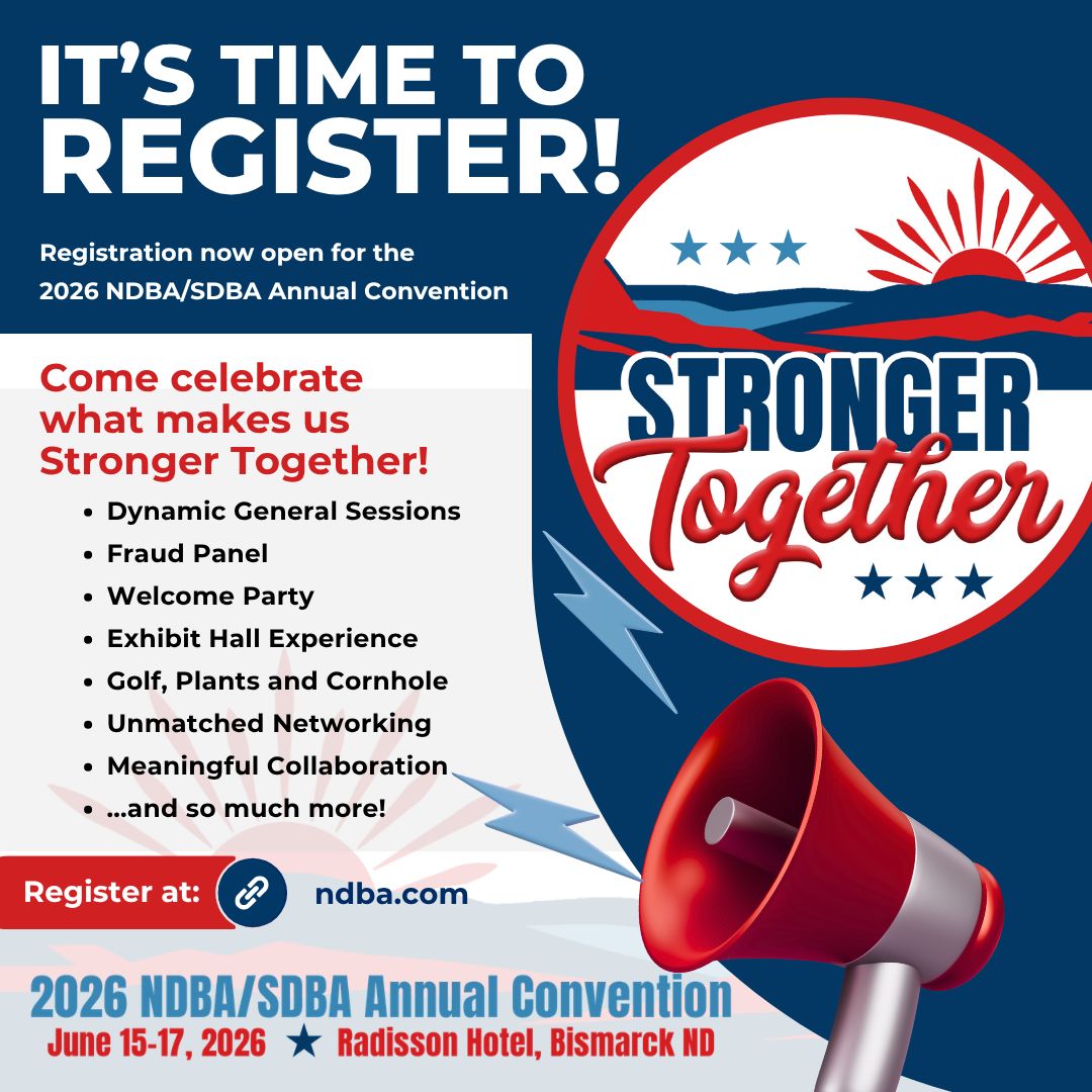 It’s time to REGISTER! 🔥

The 2026 NDBA/SDBA Annual Convention is officially OPEN! 💥
💡 Big ideas
🤝 Real connections
🎉 Unforgettable experiences
Let’s celebrate our industry, our communities, and each other—
Stronger Together ❤️🤍💙
👉 ndba.com/professional-d…
