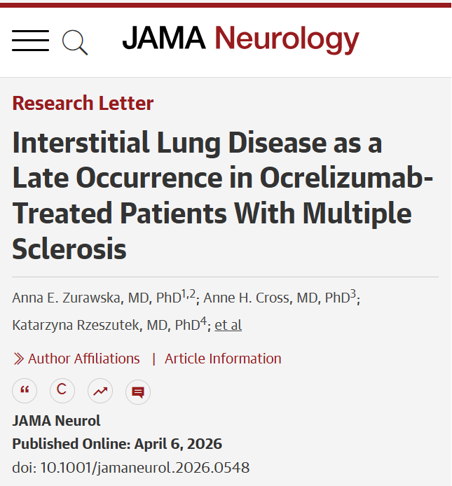 JAMANeuro's tweet photo. Among patients with multiple sclerosis treated long-term with ocrelizumab, interstitial lung disease developed after a mean of 10.5 years, mainly as organizing pneumonia with variable outcomes. 

https://t.co/Dzwhp6Jc9T https://t.co/s7Ykl1iF9D