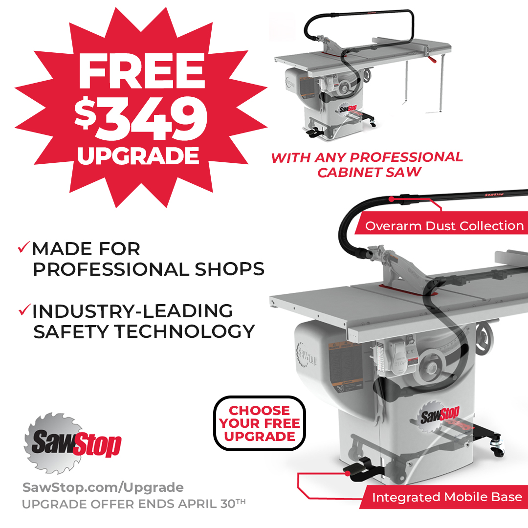Toolstoday's tweet image. 🔥 FREE $349 UPGRADE with any SawStop Professional Cabinet Saw

Choose:
✔ Mobile Base
✔ Dust Collection

Built for pros. Powered by industry-leading safety.

👉 bit.ly/472drYH

⏳ Ends April 30

#SawStop #Woodworking #Tools