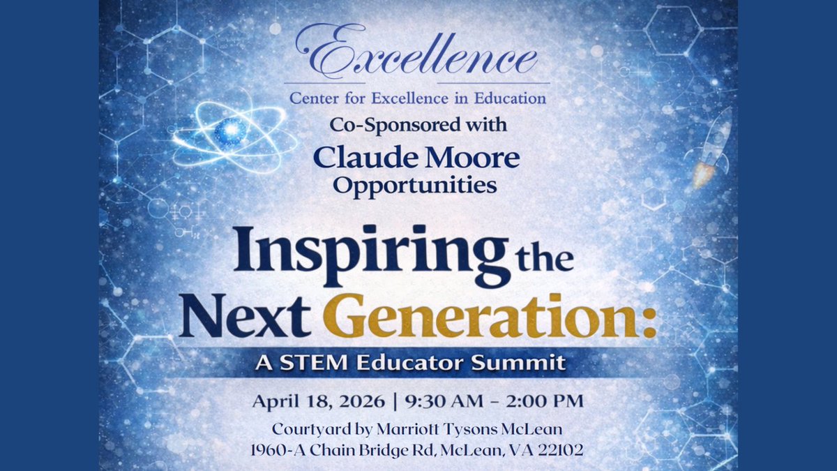 CleanAirPartner's tweet image. If you're a #NoVA #teacher, the Center for Excellence in Education invites you to its STEM Educator Summit: Inspiring the Next Generation.👩‍🏫 On 4/18, #educators will gather to share programs, resources &amp;amp; opportunities in #STEM. Register for FREE: cee.org/form/cee-s-tea… 
@CEE1983