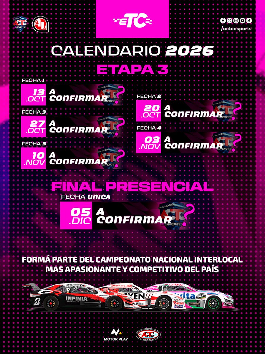 ACTCeSports's tweet photo. Presentamos el TORNEO OFICIAL INTERLOCAL, una competencia EXCLUSIVA para centros de simulación en alianza con Autódromo Virtual : https://t.co/kLmPitedGd
@AutodromoV @actcargentina @motorplaytv
#ACTCeSports #eTC2026 #TorneoInterlocal #AutodromoVirtual #MotorPlay #ACTC https://t.co/lfcqkUrYIq