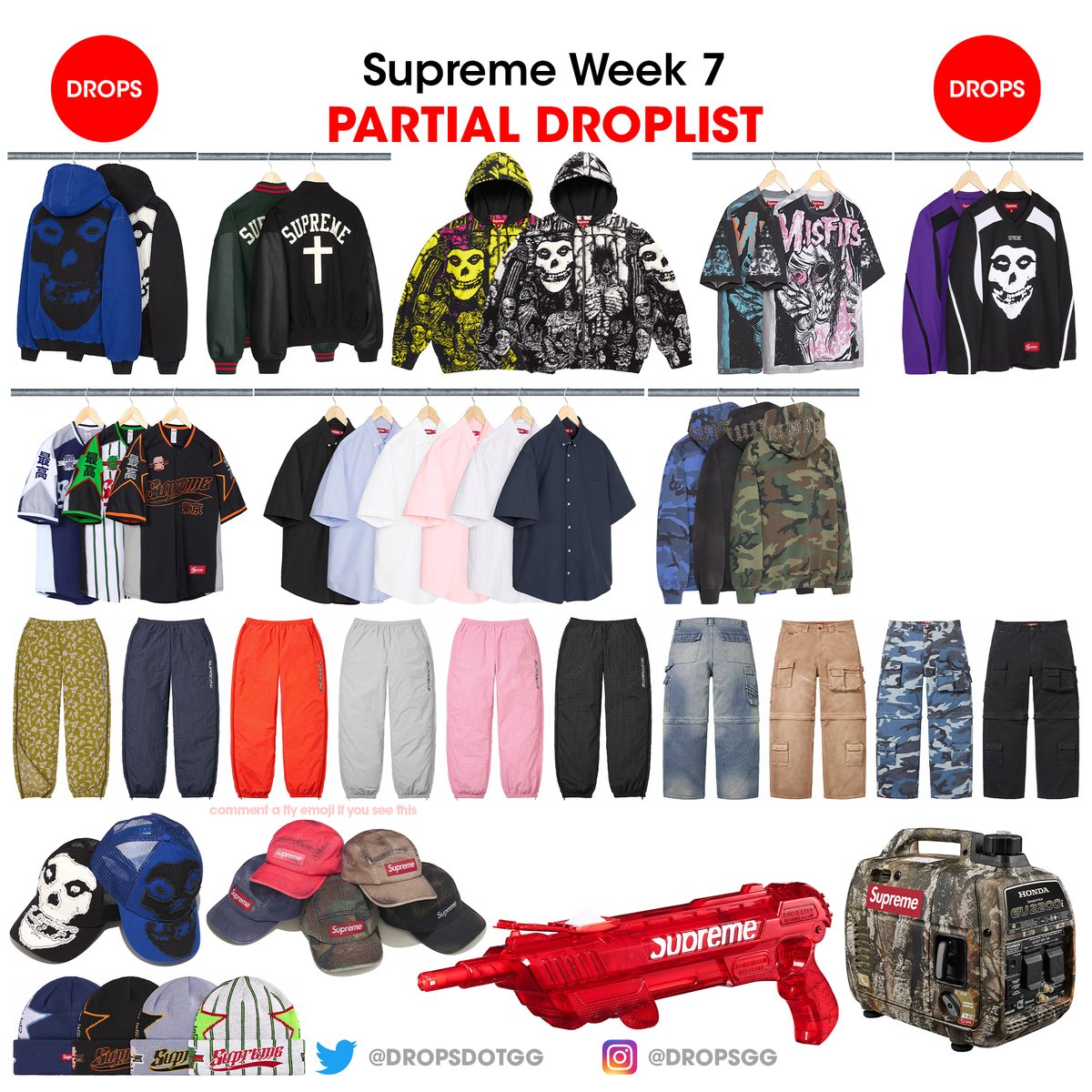 Supreme Week 7 - Partial Droplist 🔥

This week includes The Misfits collaboration, Cross Varsity Jacket, Bug-A-Salt, Honda Generator and more.

What are you going for so far? Stay tuned for the full list and retails tomorrow 🔜