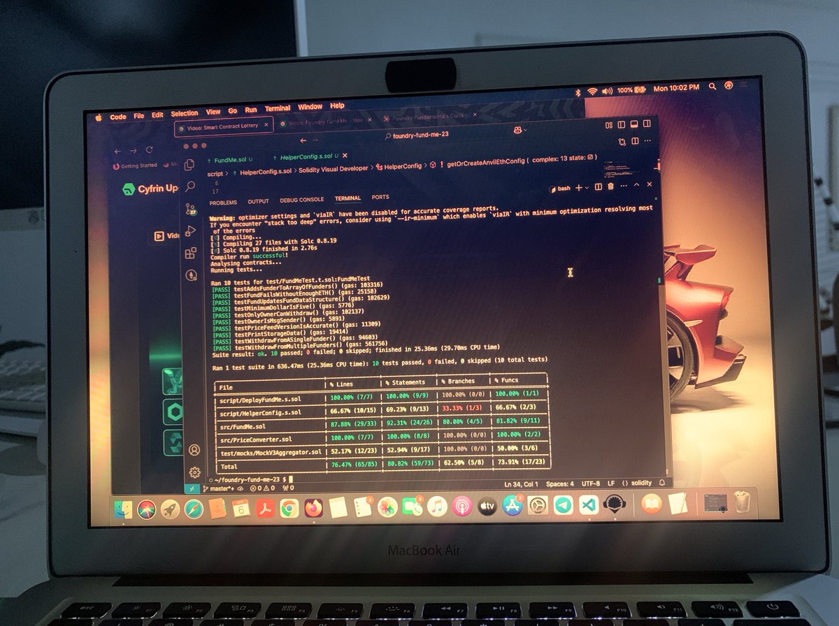 ✅ Revisited some old lessons for more clarity. 

✅ Utilized network-specific accounts via vm.startBroadcast(address) and skipped mock dependent tests using a skipFork modifier.

✅ Executed deployment/interaction scripts to validate system behaviour and boost script coverage.👨🏾‍💻