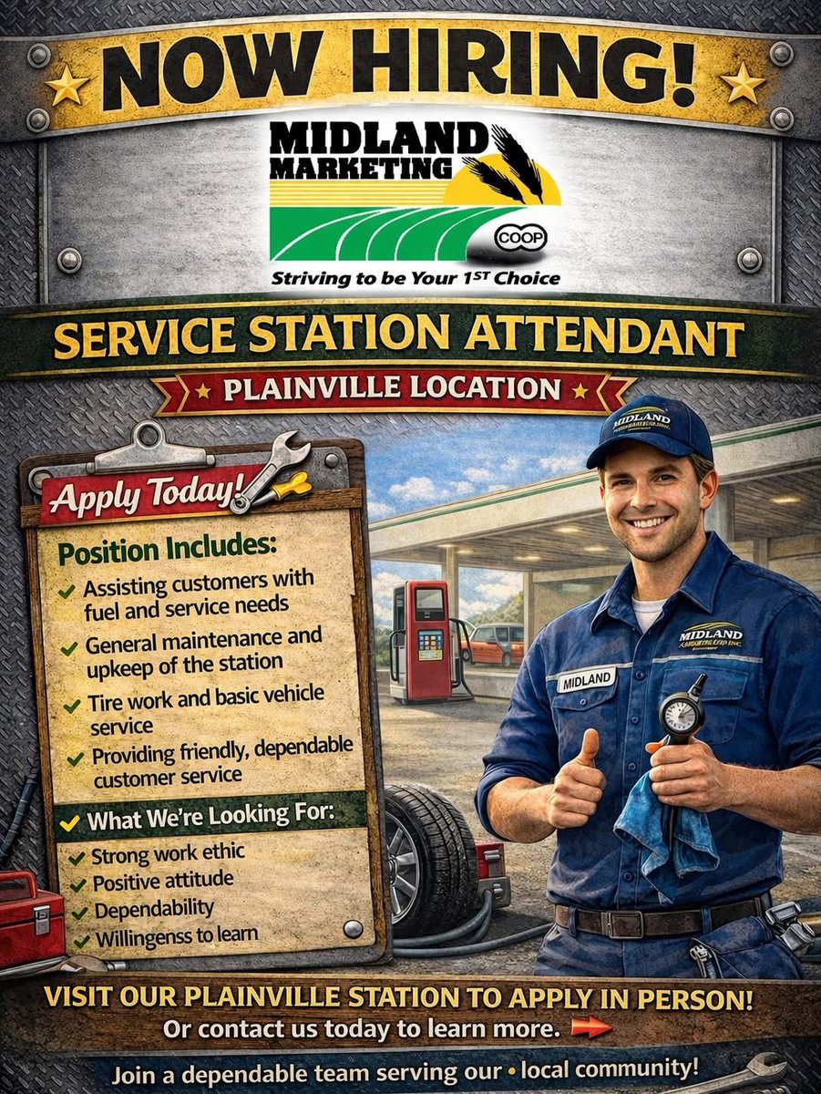 midmarkcoop's tweet photo. 🚗 Now Hiring! 🚗
Join our team at Plainville Service Station! We’re looking for motivated individuals who want to be part of a great crew.
Apply in person or online at https://t.co/HK0RUq8eho
Come grow with us—we’d love to meet you! https://t.co/SPgGBnQ128