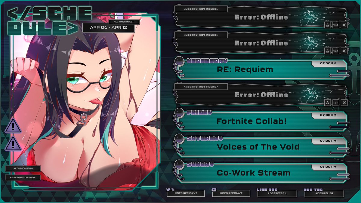 【SCHEDULE APR 06—APR 12】

we return this week with more resident evil as well as a fun collab with yorki this frisay~ though i havent played in eons 😵‍💫 in addition, tonight at 6:30 est we will be on skylers stream giving our bb some moral support 💚
