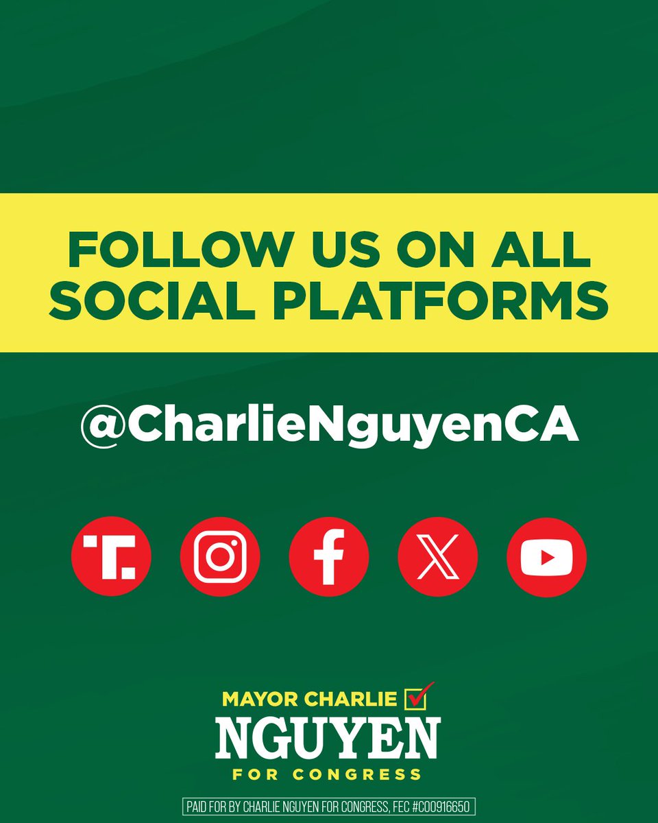 CharlieNguyenCA's tweet photo. We’re on the move, and we want you to stay connected!

Follow along as we hit the campaign trail and fight for our community.

📲 Hit the follow button on all social platforms today ➡️@CharlieNguyenCA https://t.co/J5yBixU16w