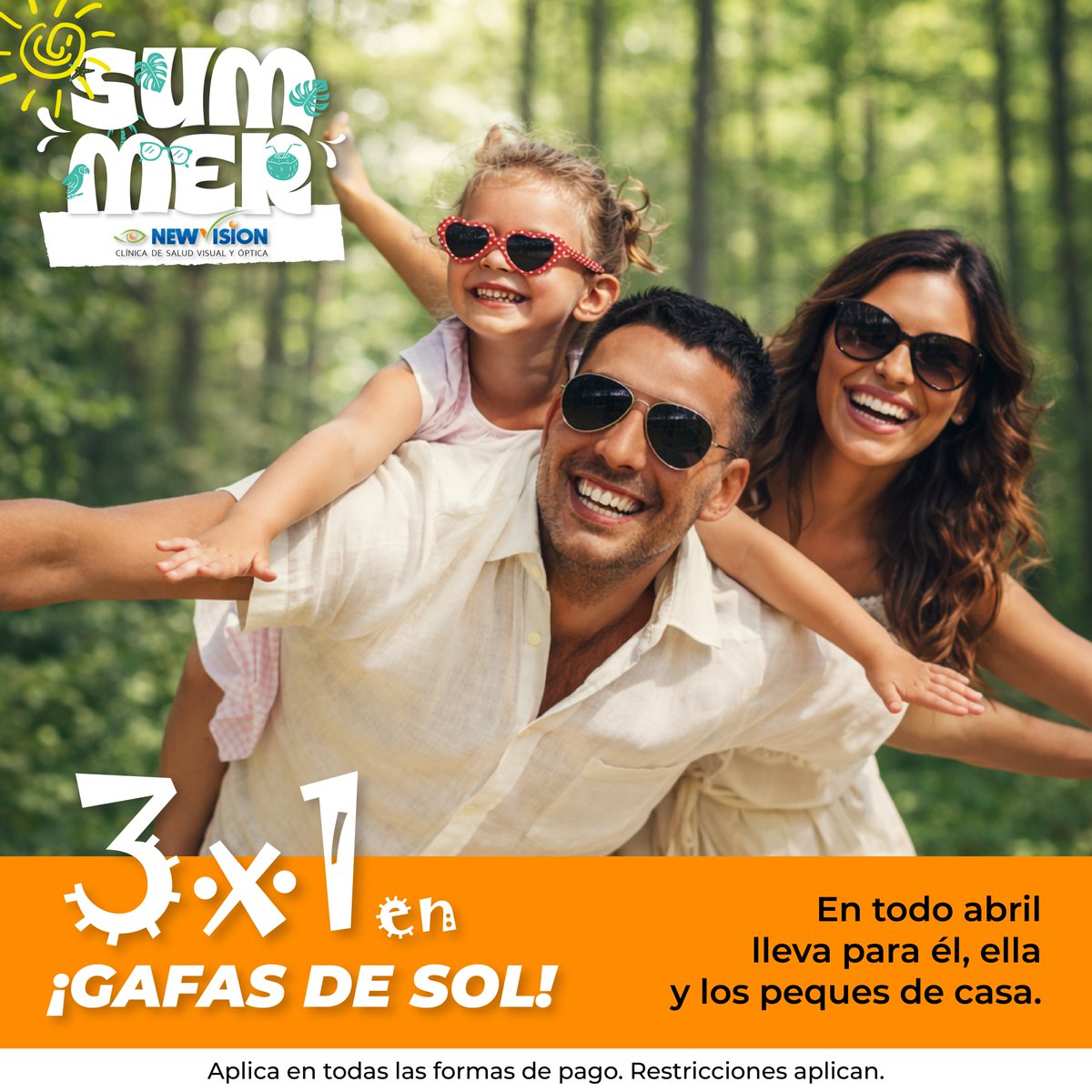 NewVisionSV's tweet photo. ☀️ Este verano se ve mejor con New Vision 😎

Aprovecha nuestras promos de abril: 3x1 en gafas de sol y hasta 35% de descuento en lentes con transitions. Para él, para ella y para los peques… ¡todos listos para ver y disfrutar al máximo! 👓✨
#Verano #GafasDeSol #NewVisionSV https://t.co/j61VovARer